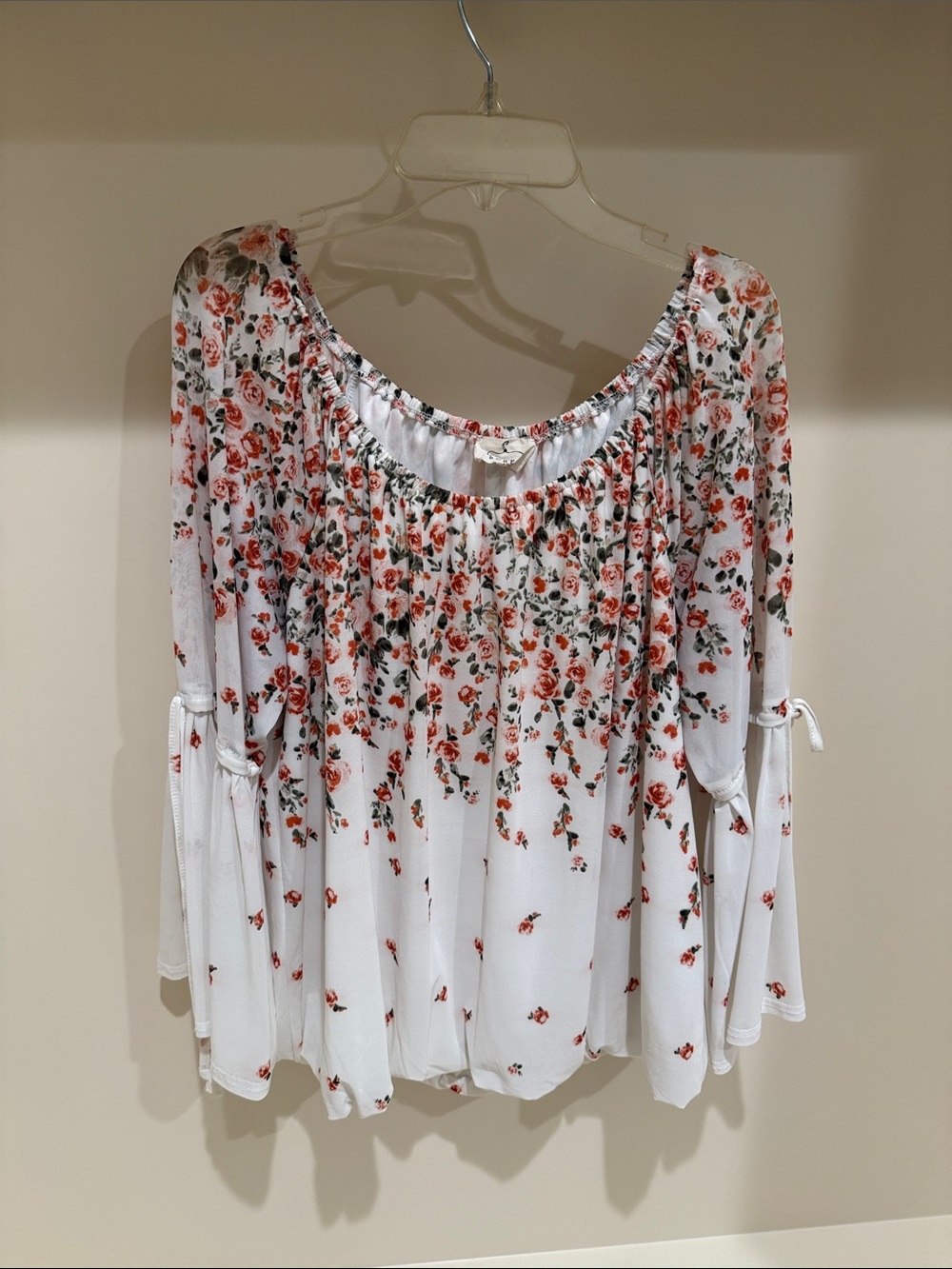 Women's White Floral Blouse with Coral Rose Print
